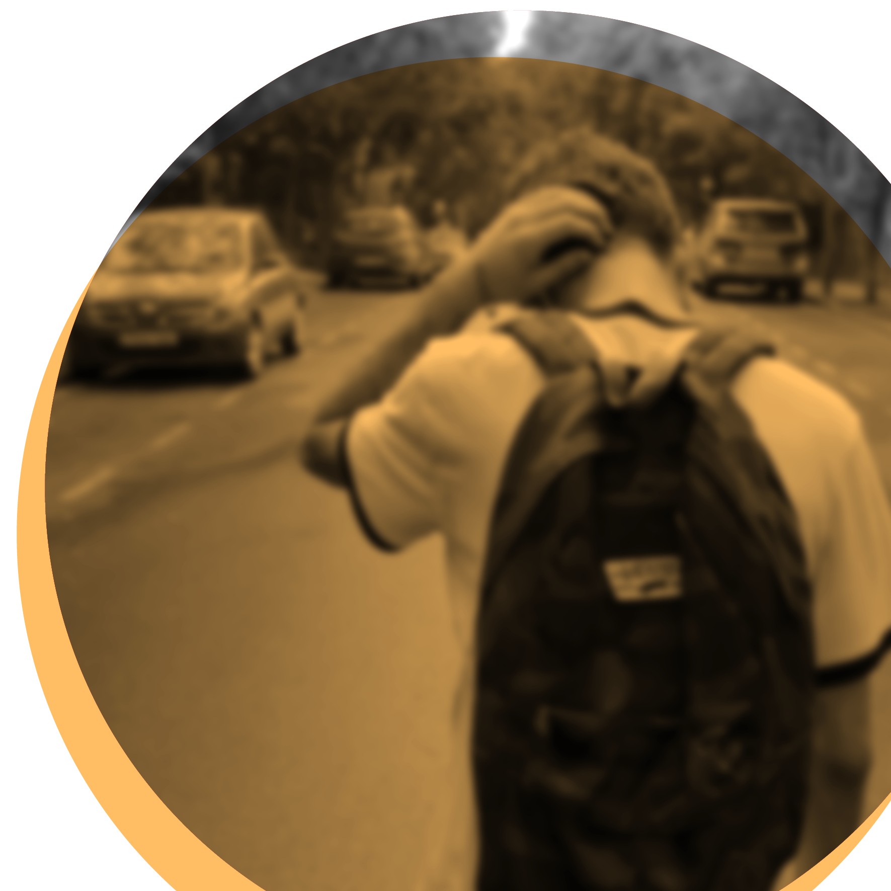 Image of a teenage boy wearing a backpack inside a large yellow circle